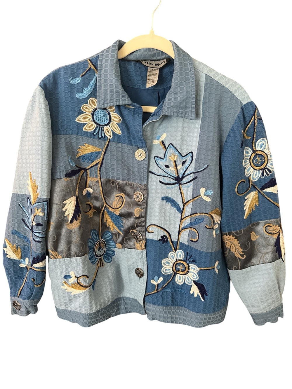 Indigo Moon Patchwork Floral Embroidered Jean Jacket - Blue & Gold Accents